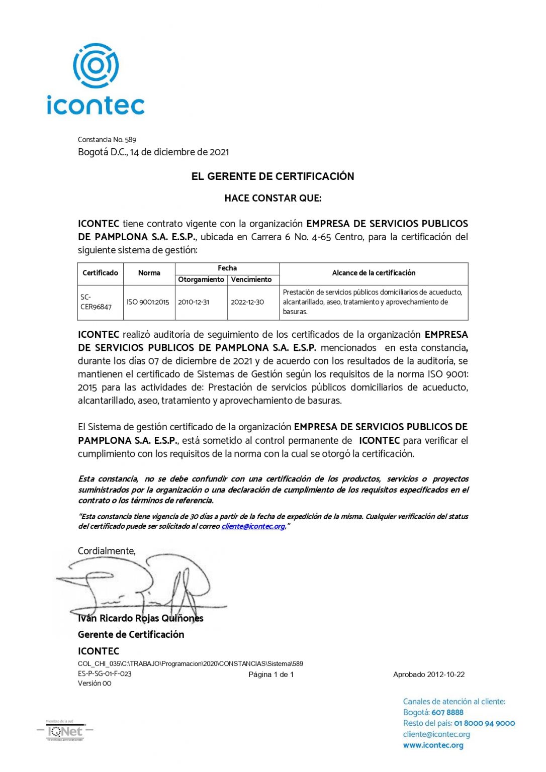 Certificado ICONTEC | EMPOPAMPLONA S.A. E.S.P.